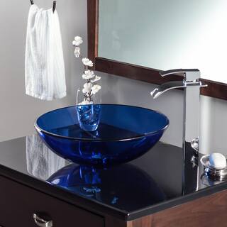 Novatto Blu Glass Vessel Sink in Blue with Drain Assembly in Chrome TIG-8025CH