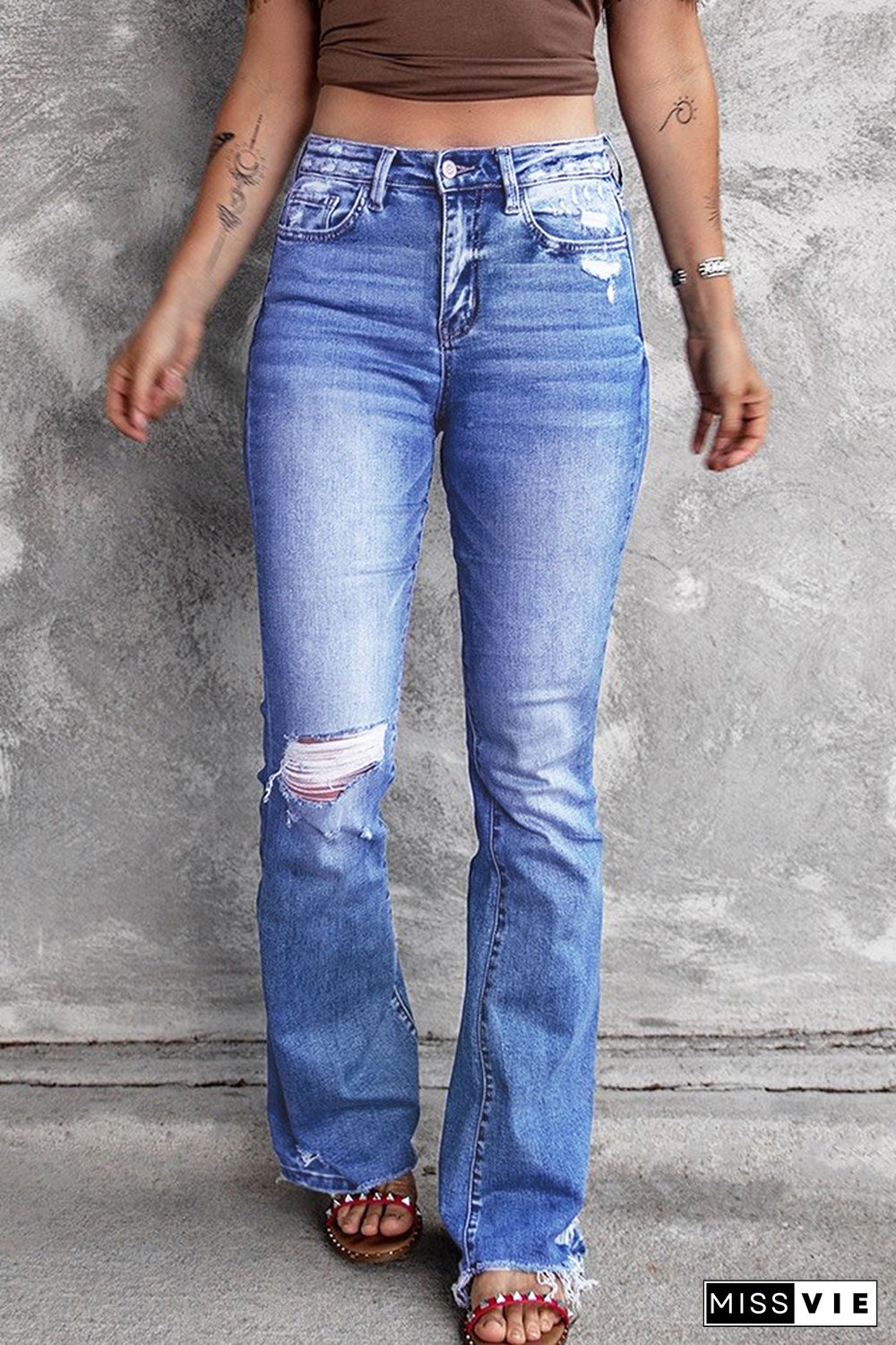 Blue Ripped jeans Flared Jeans Wholesale Boutique