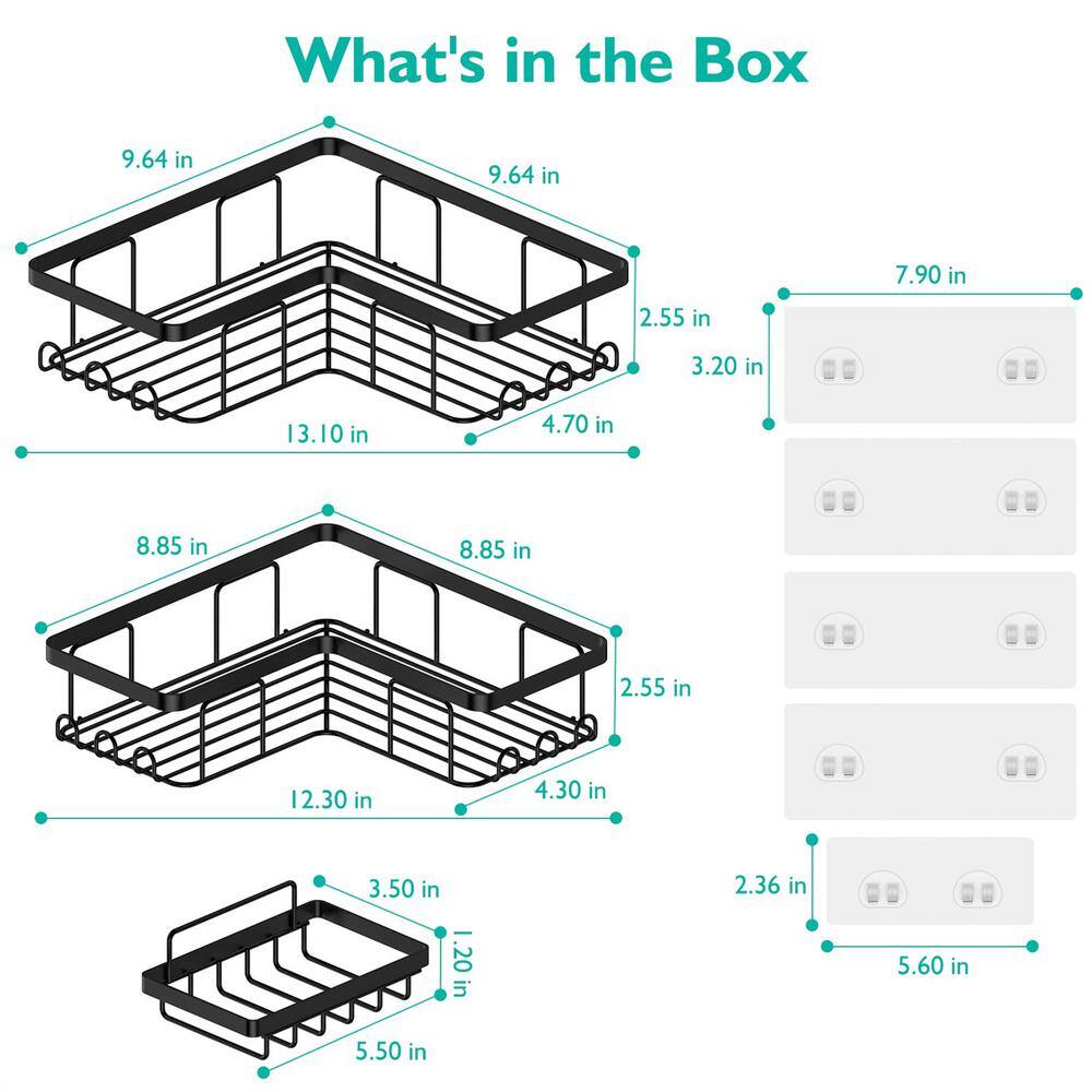 Cubilan Wall Mount Adhesive Corner Shower Caddy with Soap Holder and 12 Hooks in Black (3 Pack) B09QCC6FZL