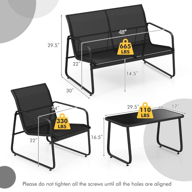 Costway 4 Pieces Patio Furniture Set Outdoor Tempered Glass Coffee Table Chair Loveseat