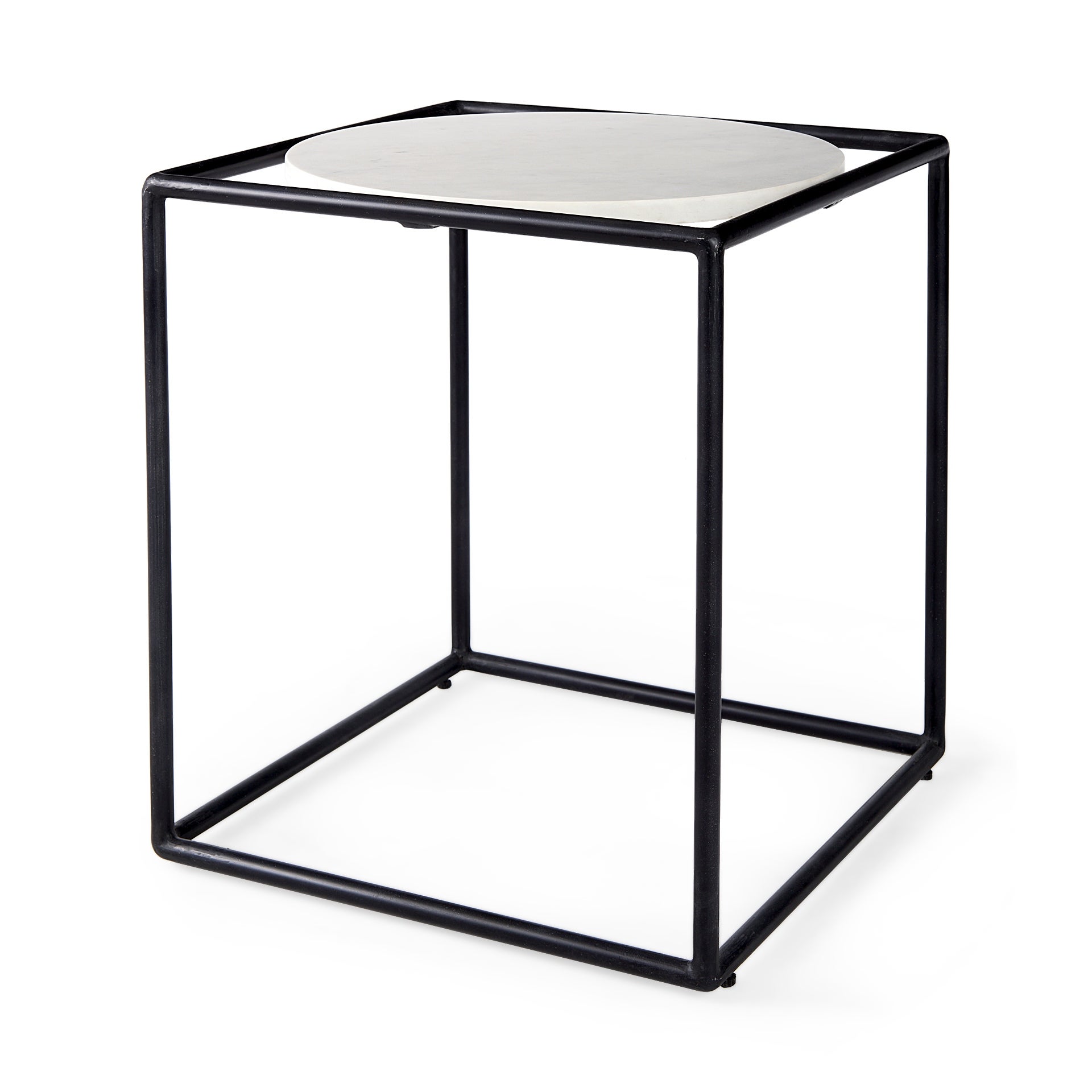 Austen 20L x 20W x 22H Round White Marble Top W/ Black Metal Frame Side Table