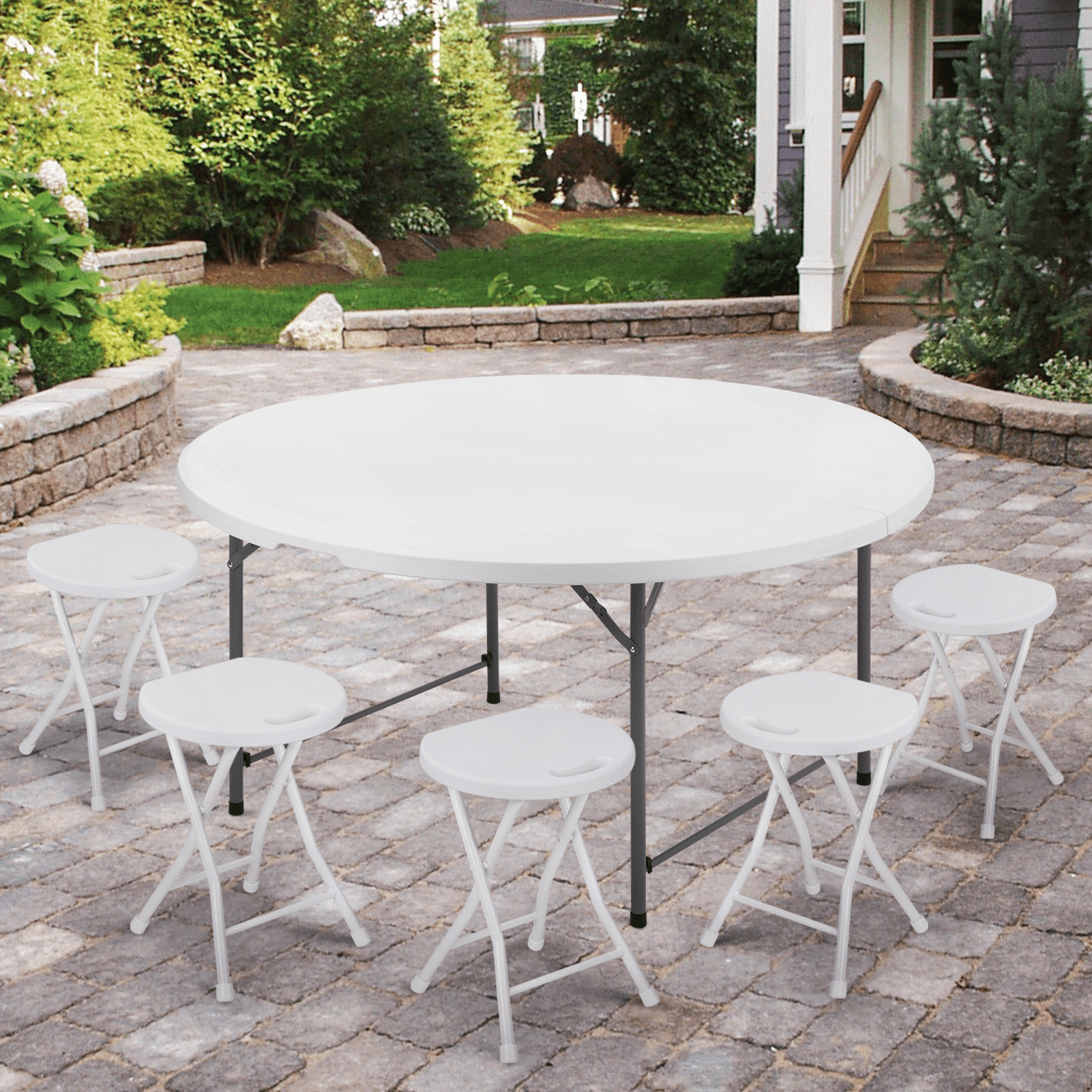 MoNiBloom 5Ft Bi-Fold Plastic Table Set of 10， Foldable Round Outdoor Granite White Desk for Kitchen Party Wedding