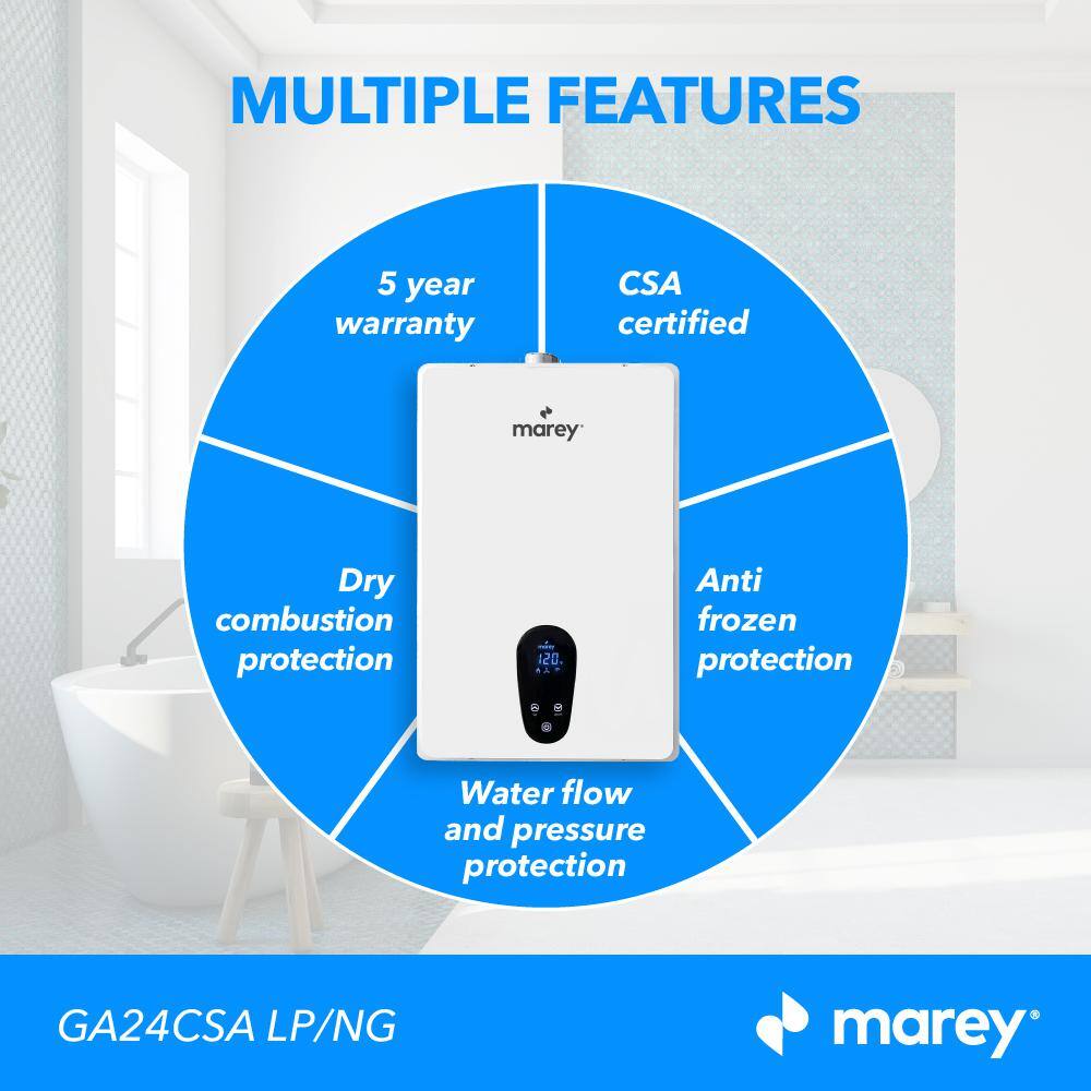 MAREY 8.34 GPM CSA Certified Residential Multiple Points of Use Liquid Propane Gas Tankless Water Heater GA24CSALP