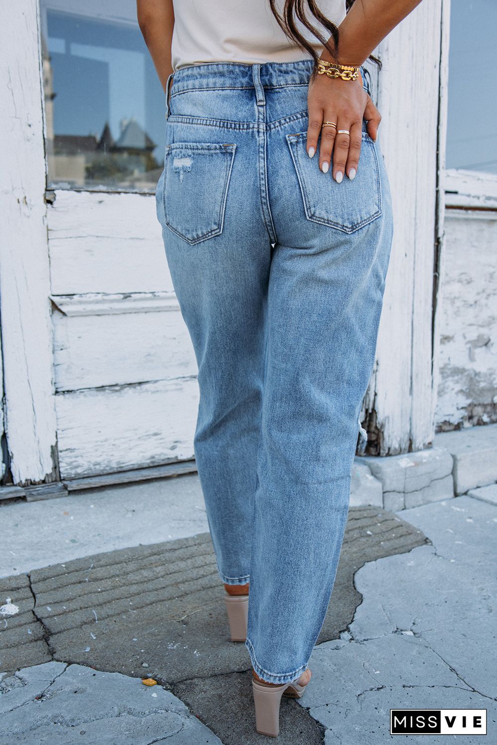 Sky Blue Open Knee Cutout Straight Leg Jeans