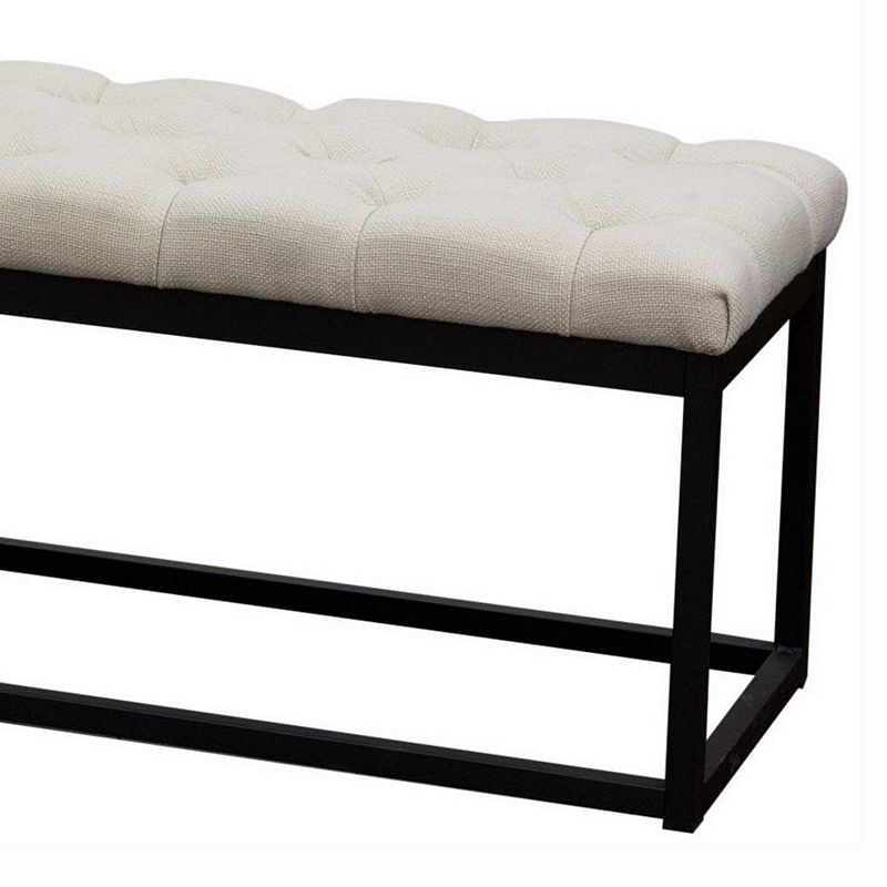 Linen Upholstered Metal Contemporary Bench with Diamond Tuft Details， Beige and Black