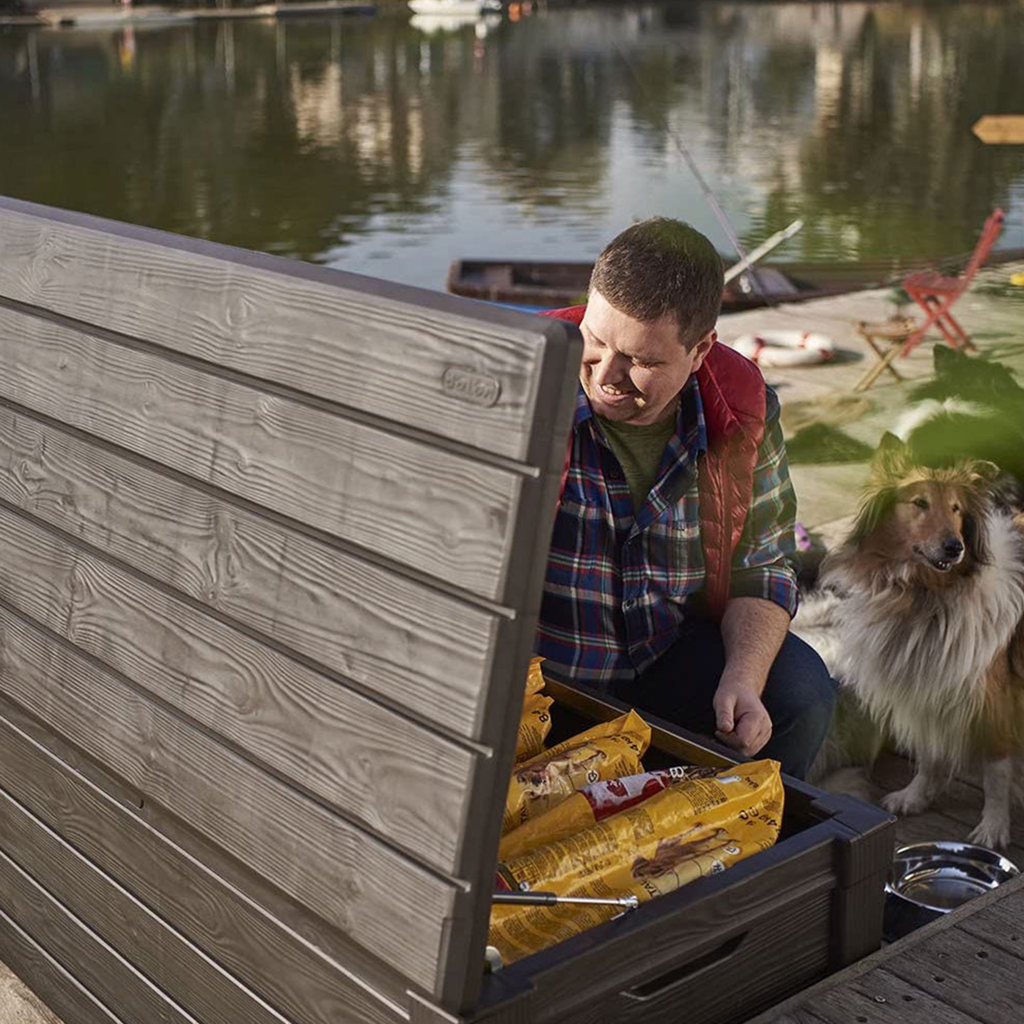 Keter Brightwood Weatherproof Patio Deck Storage Box Bench, Brown (2 Pack)