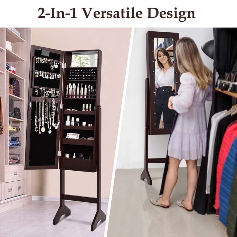 18 LEDs Large Standing Jewelry Armoire Cabinet with Full Length Mirror, 16 Lipstick Holder, 1 Inside Makeup Mirror