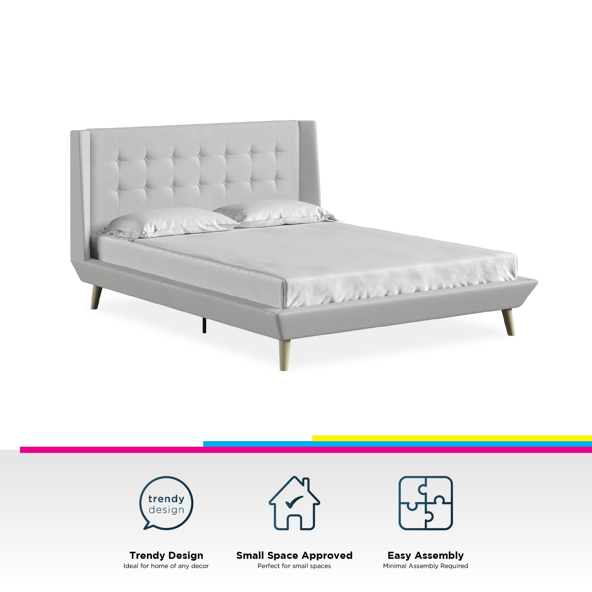 Queer Eye Farnsworth Upholstered Bed with Low Profile Platform Frame, Queen, Light Gray Linen