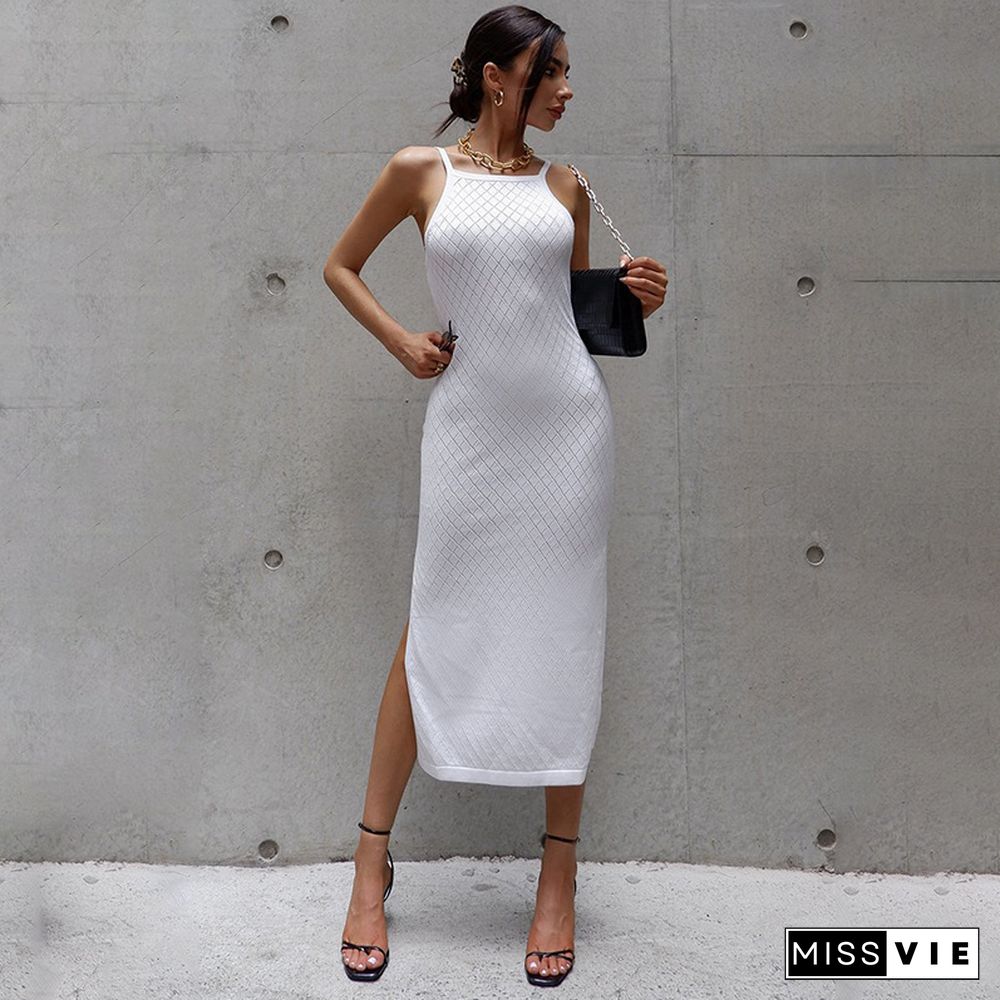 Summer Women Slim Solid Color Sleeveless High Waist Sheath Side Slit Skinny Thin Streetwear Long Dress