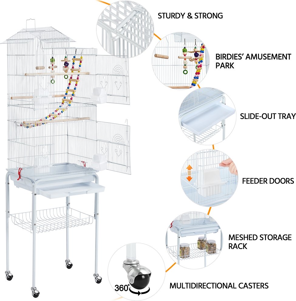 Yaheetech 62.5-in Rolling Large Bird Cage and Detachable Stand， White