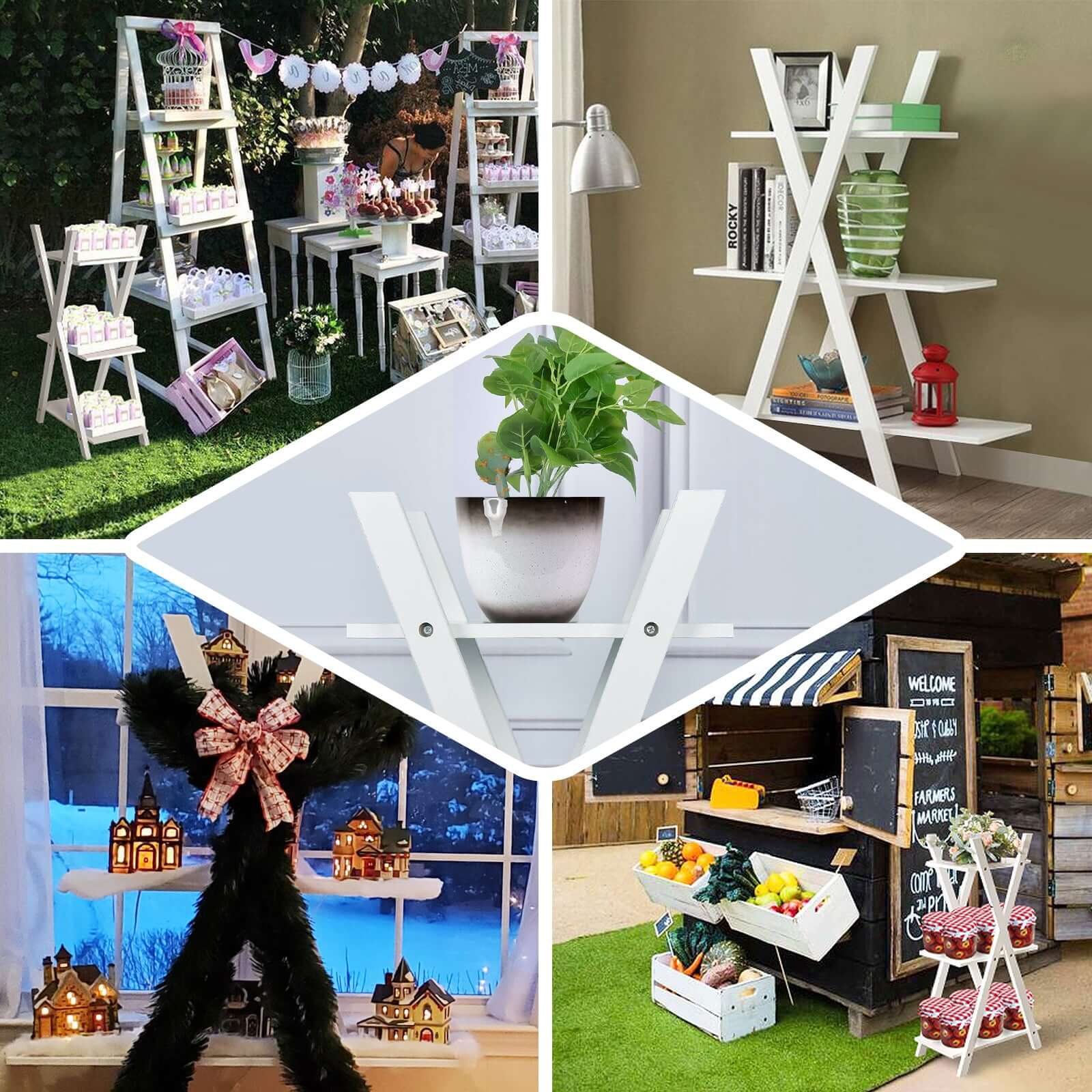 3-Tier White Wooden Plant Stand, X-Frame Display Shelf Accent Rack 44