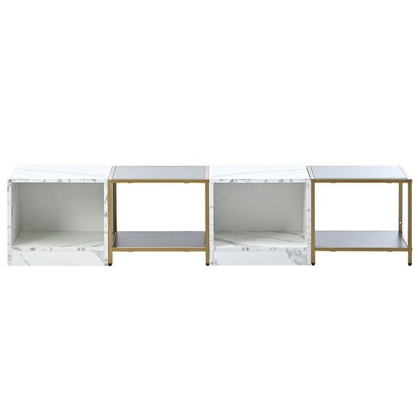 2-layer High Gloss White Marble Finish Coffee Table with Metal Frame