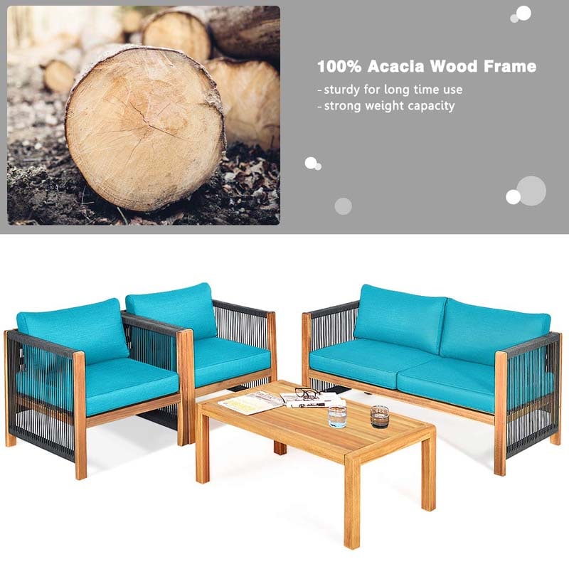 4 Pcs Acacia Wood Outdoor Loveseat Sofa Set with 2 Single Chairs & Coffee Table, Cushions