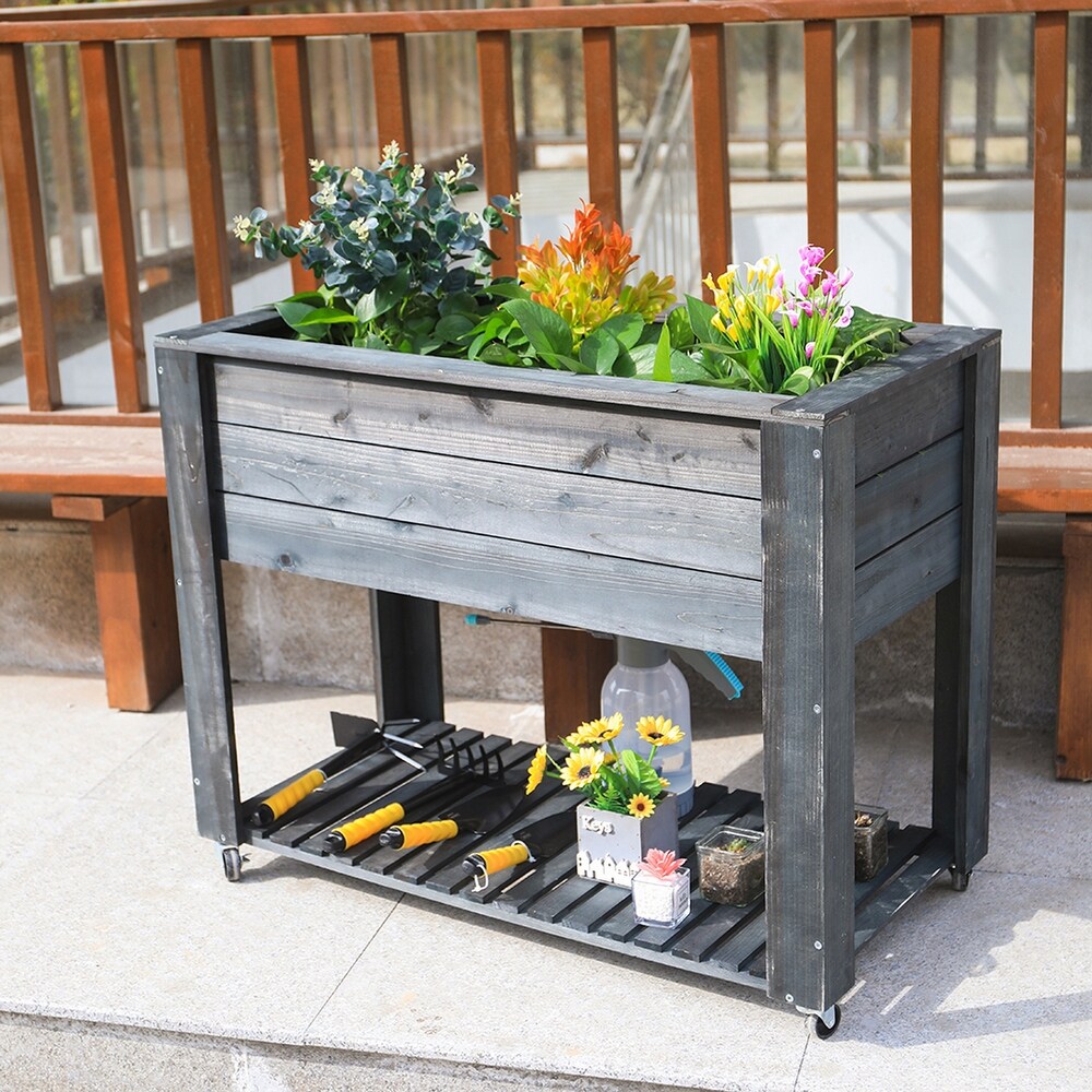 40 in x 32 in x 20 in Grey WoodenElevated Planter with Shelf and Wheel   40x32x20