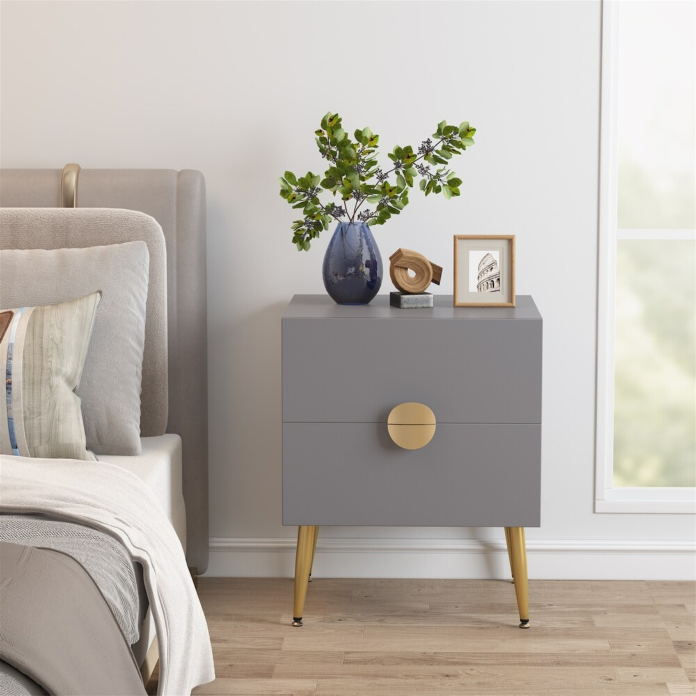 Dark Grey Wood Modern Nightstand with 2 Drawers  White/ Gold Mid century Contemporary Bedside Table with Storage