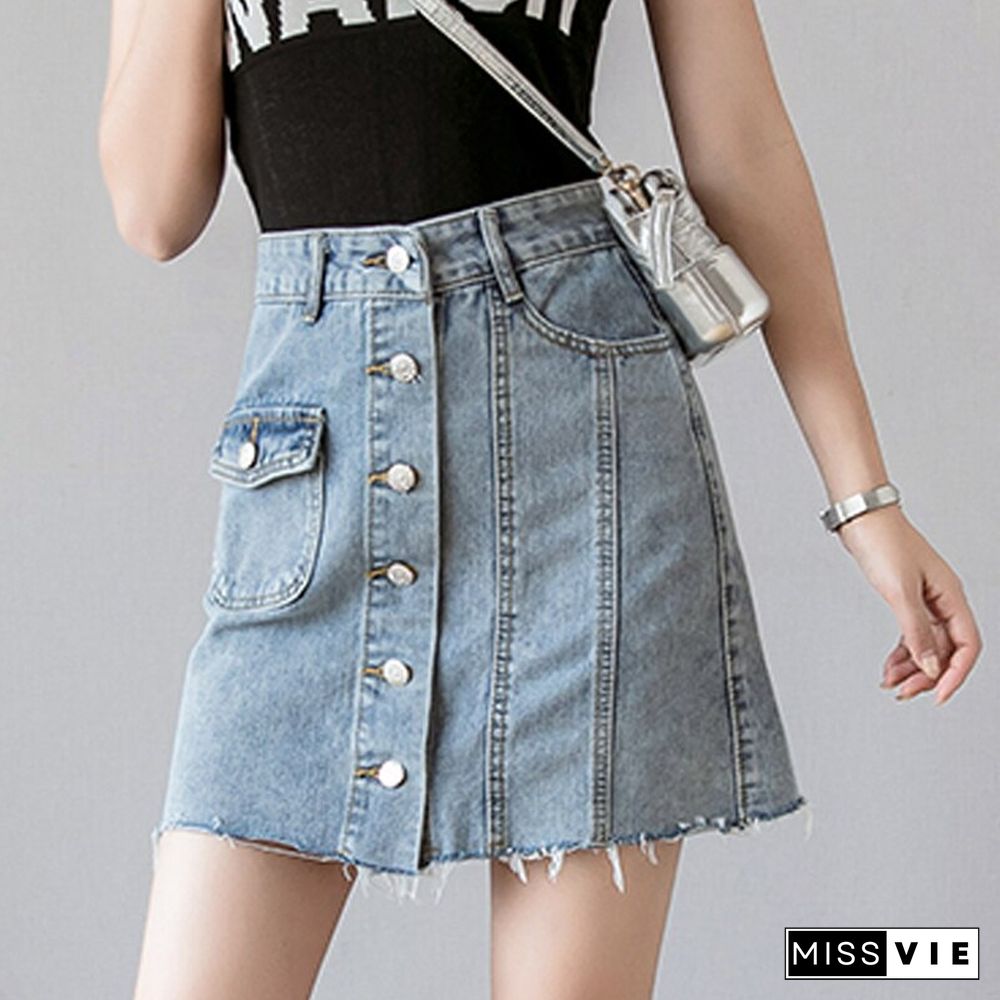 Summer Fashion Tassel Denim Skirts Women Casual A Line Mini Skirts Single Breasted Mujer Skirts Korean Street Wear New