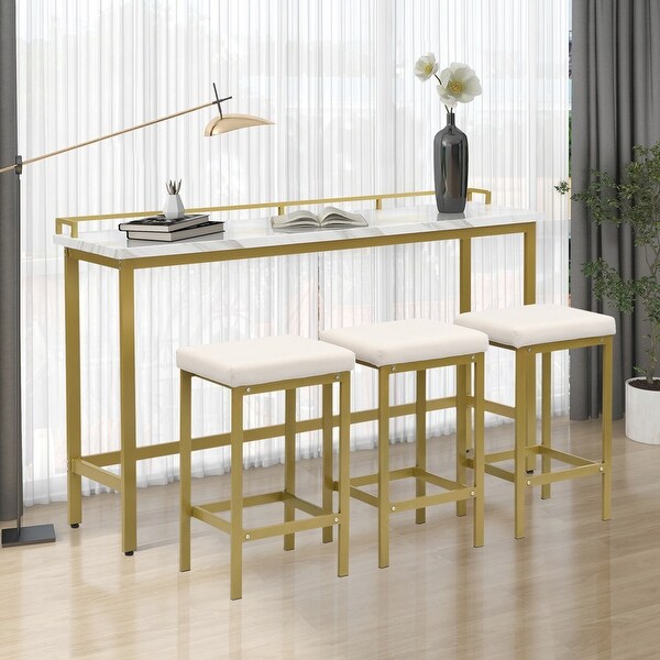 4 piece counter height metal and wood tableware with extra long console dining table and 3 PU stools in gold + beige