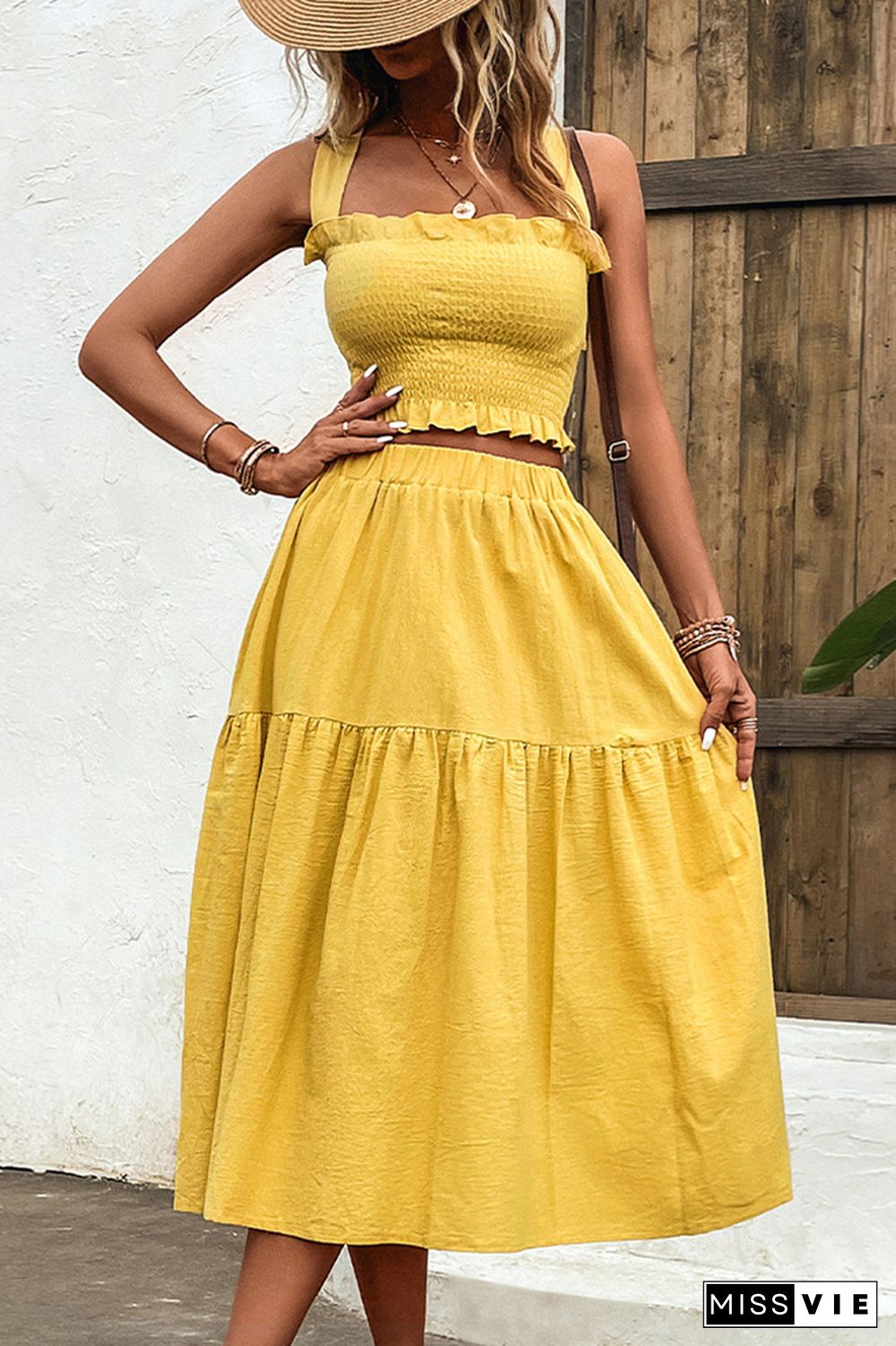 Yellow Crisscross Straps Top and Skirt 2PCS Set