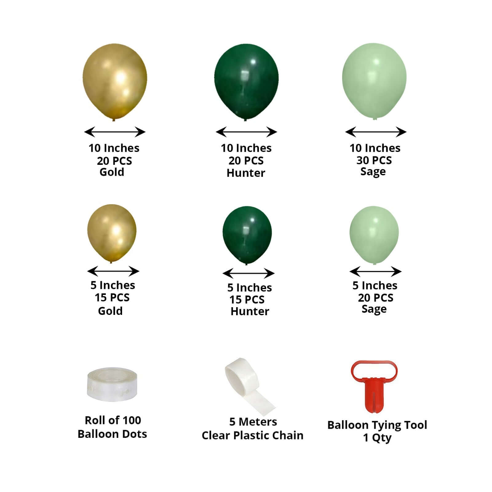 120 Pack Assorted Gold Green DIY Balloon Garland Kit, Latex Party Balloon Arch Decorations - Gold / Hunter Emerald Green / Sage Green