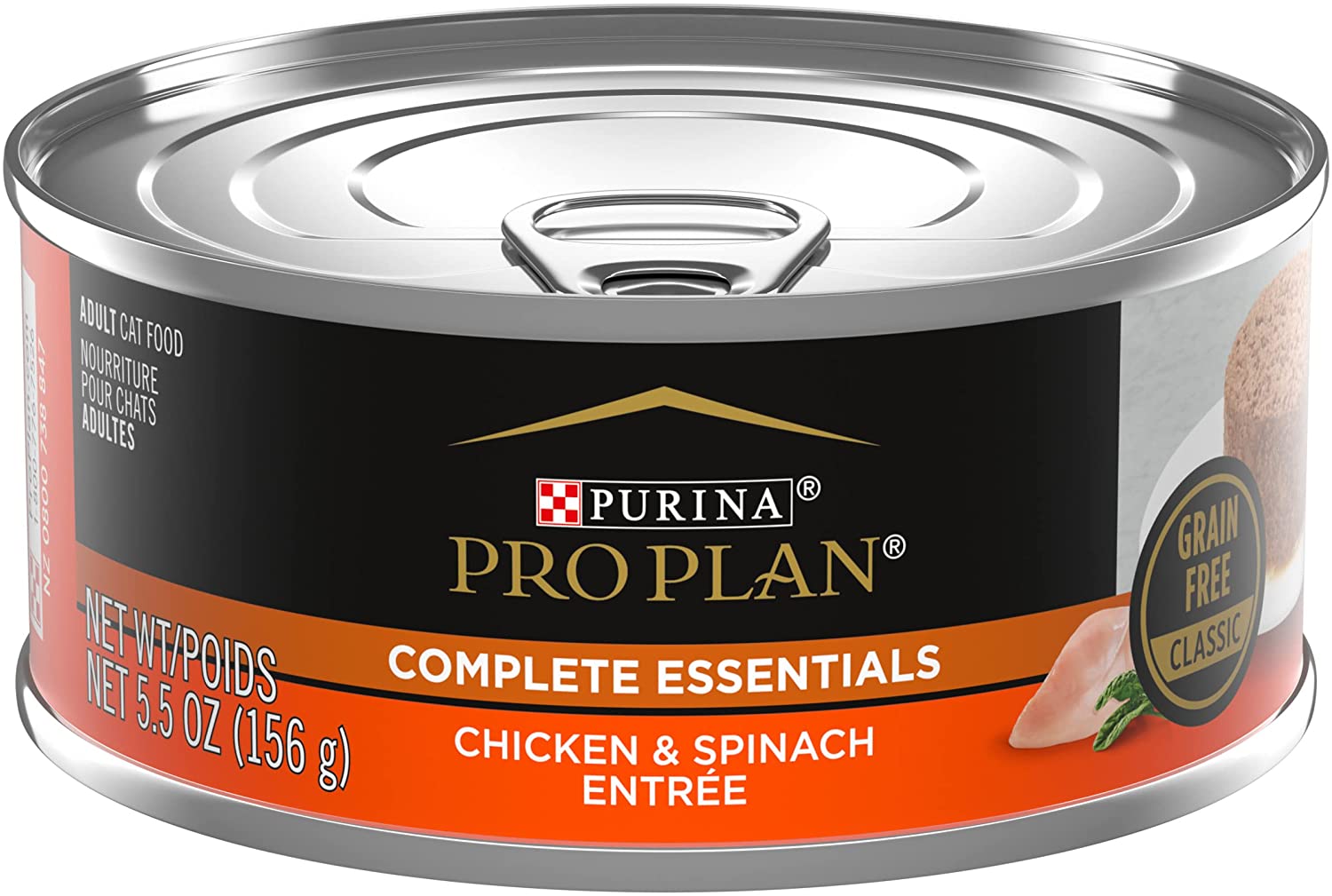 Purina Pro Plan Grain Free Pate Wet Cat Food， COMPLETE ESSENTIALS Chicken Spinach Entree Classic - (24) 5.5 oz. Cans