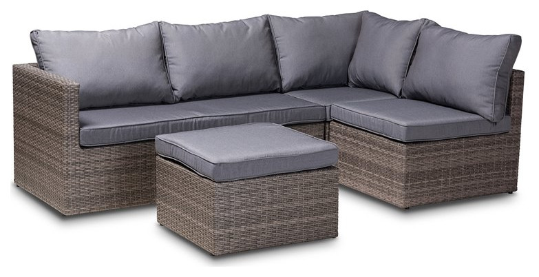 Baxton Studio Pamela Grey Polyester Upholstered 4 Piece Woven Rattan Patio Set   Tropical   Outdoor Lounge Sets   by HedgeApple  Houzz