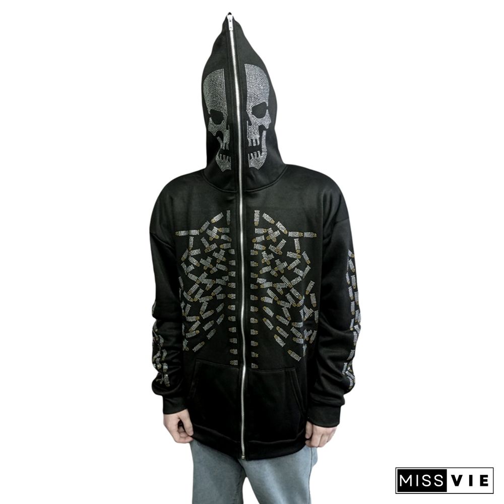 Gothic Coat Women Men Skull/ Spider Print Long Sleeve Hooded Jacket With Zipper Dark Academia Aesthetic Streetwear