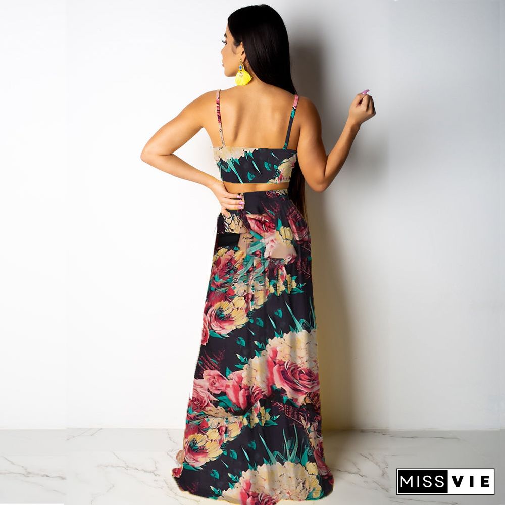 Deep V Neck High Split Maxi Dresses Skirt Set