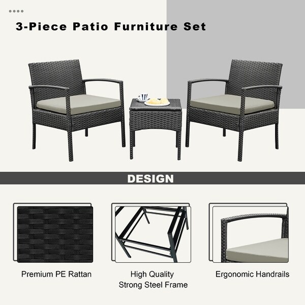 Outdoor Furniture 3 Piece Patio Bistro Furniture Set，Rattan Conversation Chairs Set with Side Table and Cushions