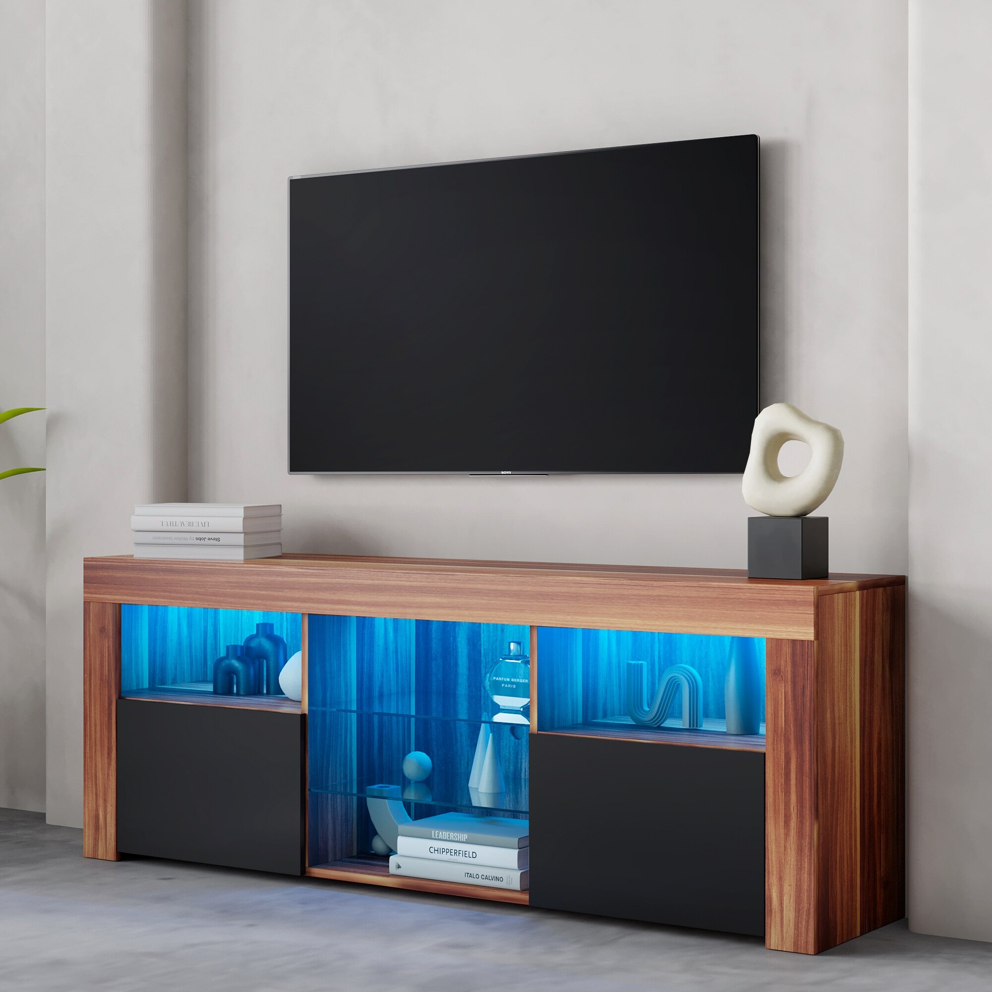 57 inch LED Media TV Stand with 2-Tier Glass Shelfand 2 Open Compartment