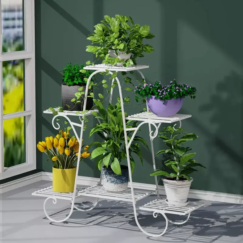 Garden Supplies Indoor Outdoor White Flower Pot Holder Shelf Metal Plant Stand