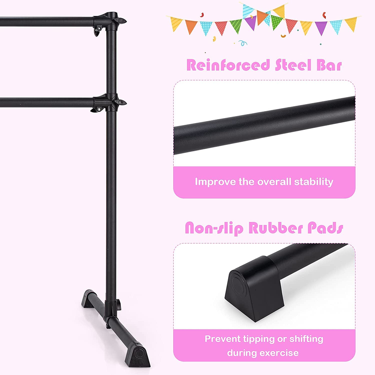 Costzon Portable Ballet Barre, 4FT Adjustable Double Freestanding Ballet Bar w/Anti-Skid Pad, Stable Base