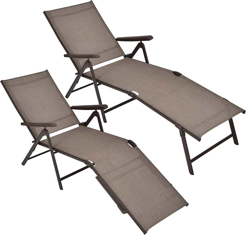 2 Pcs Folding Chaise Lounge Chair with 5-Position Backrest & 2-Position Footrest, Fabric Seat Sun Lounger for Pool Deck Beach