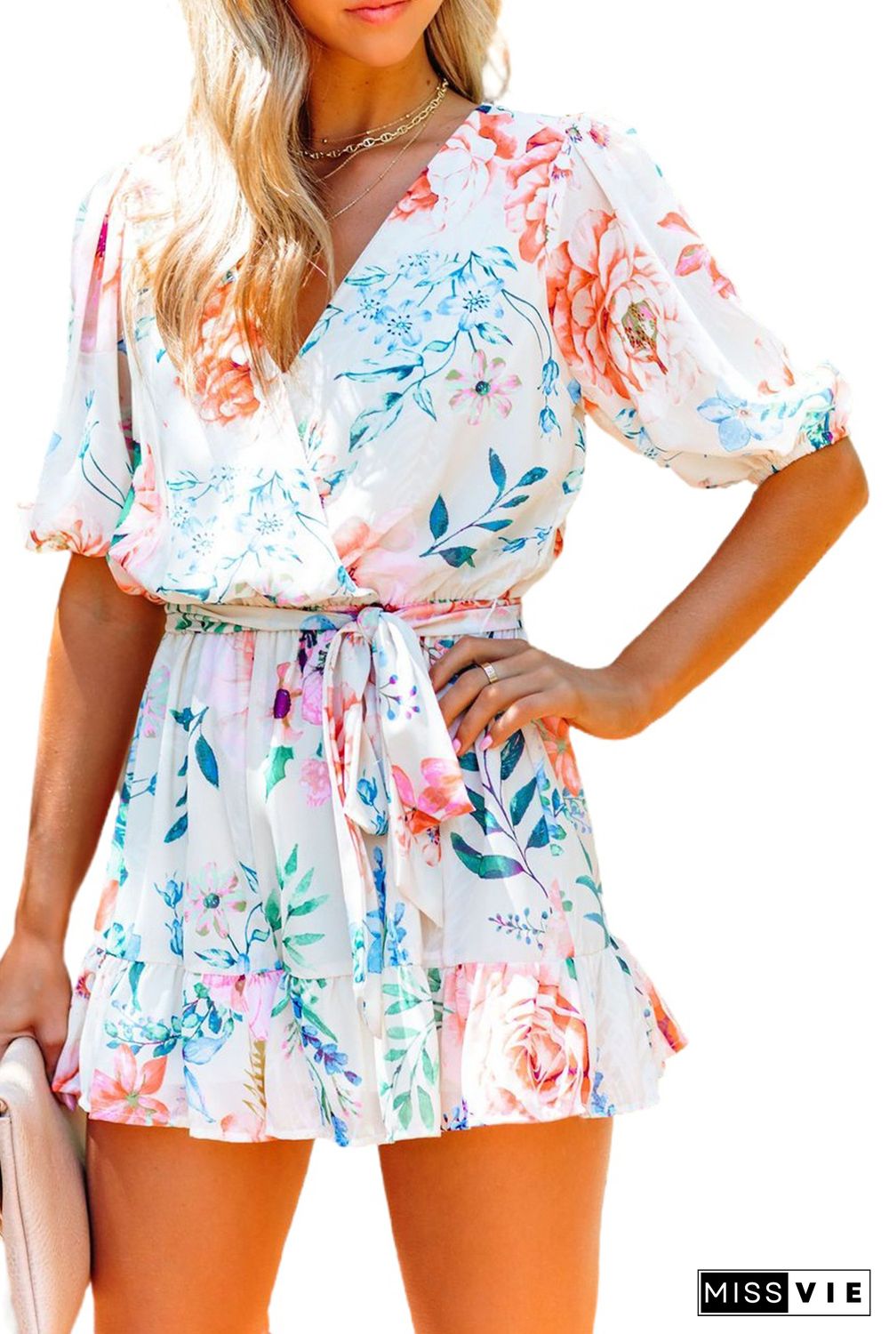 Floral Print Puff Sleeves Romper