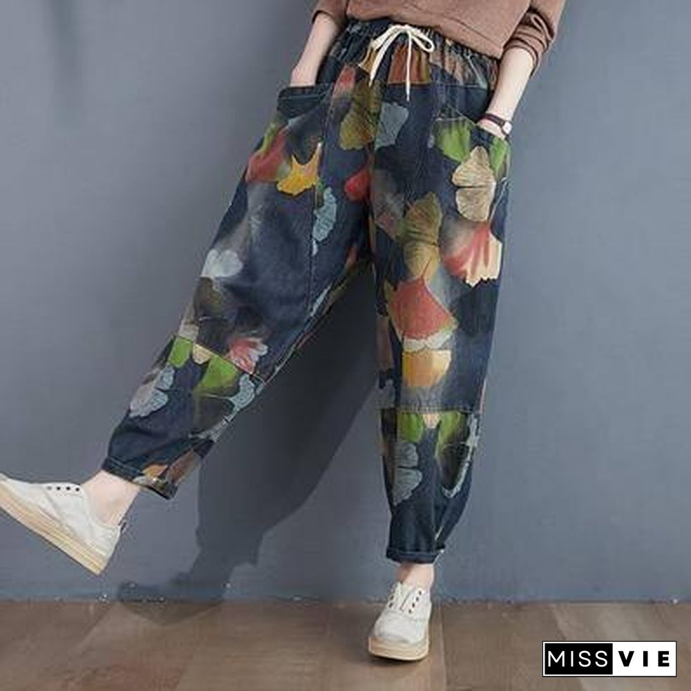 Women High Waist Jeans New Arrival Autumn Streetwear Vintage Floral Print Loose Female Casual Denim Harem Pants S1845