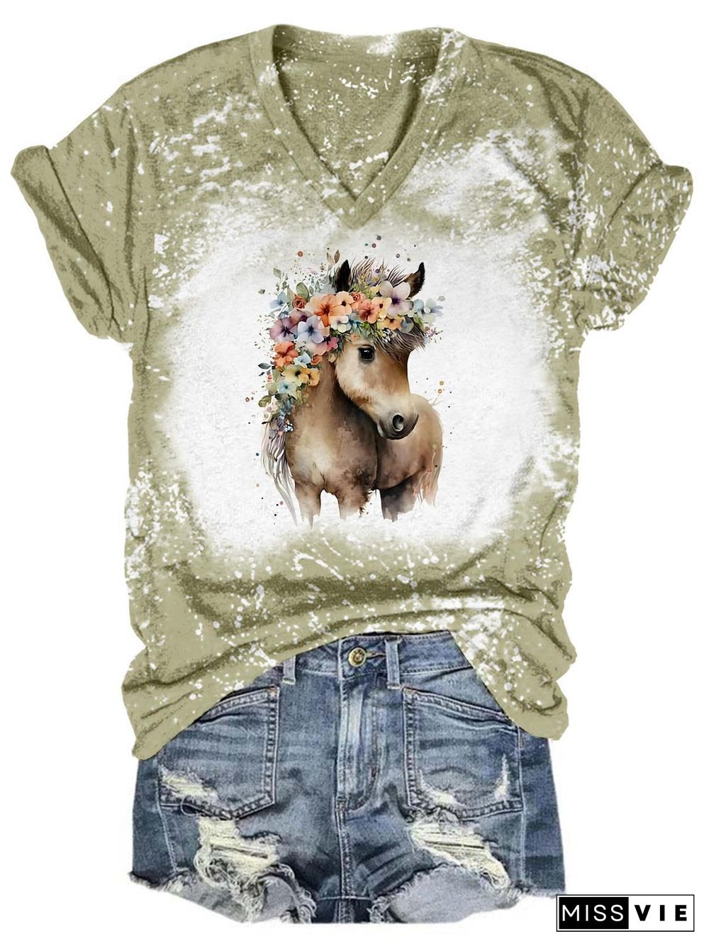 Floral Pony Tie Dye V Neck T-Shirt