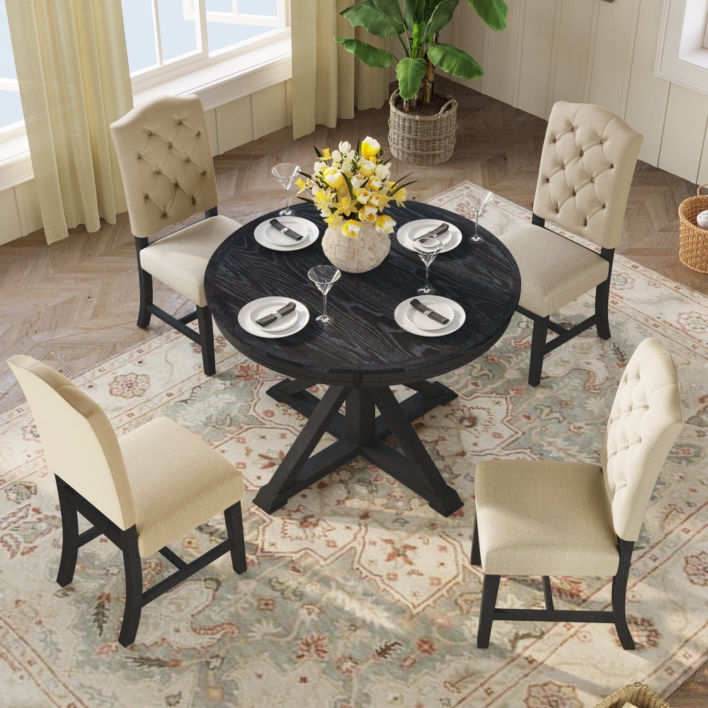 5 Piece Retro Style Dining Table Set with Extendable Table and 4 Upholstered Dining Chairs  Dining Set for 4