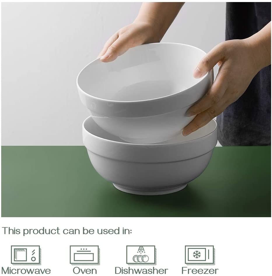 DOWAN 8 Large Serving Bowls - 2 Quart Big Salad Bowl， Porcelain White Bowl for Kitchen， Soup， Salad， Pho， Pasta， Ramen， Popcorn， Ceramic Mixing Bowl， Microwave and Dishwasher Safe， Set of 2， White