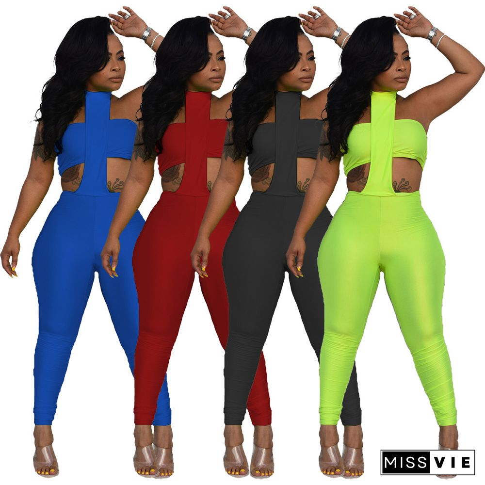 Sexy Women Clothing Solid Color Sleeveless Hollow Out Halter Jumpsuit+Crop Tube Tops 2 Piece Set