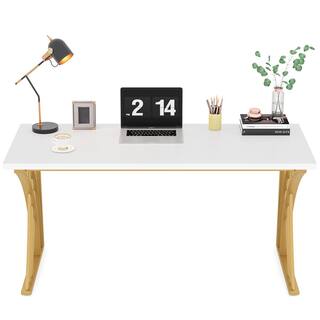 TRIBESIGNS WAY TO ORIGIN Perry 55 in. White Gold Wood Laptop PC Computer Desk Console Makeup Vanity Table Sturdy Writing Workstation HD-F1652-WZZ