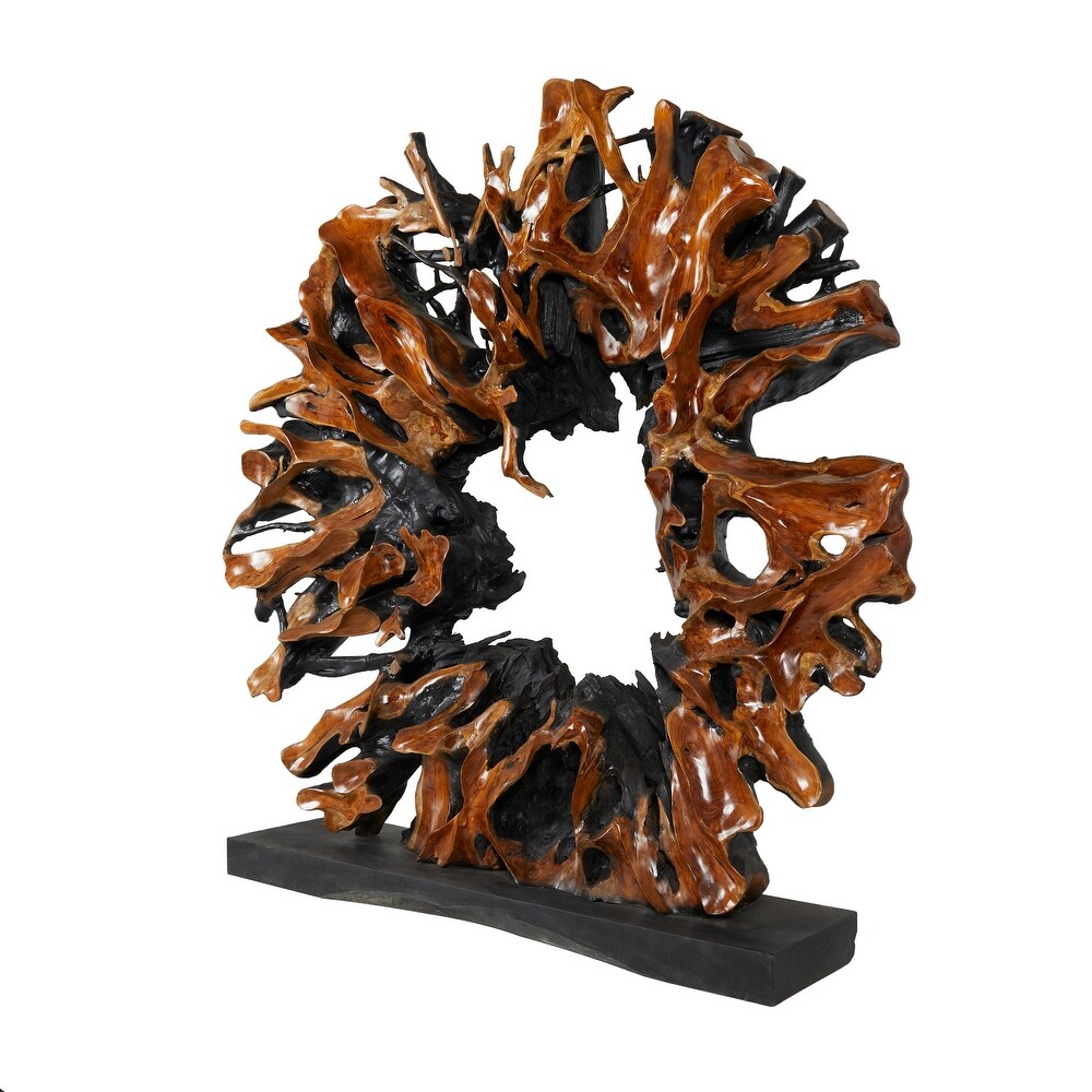 Brown Teak Wood Handmade Large Oversized Tree Root Floor Abstract Sculpture with Live Edge Teak Base