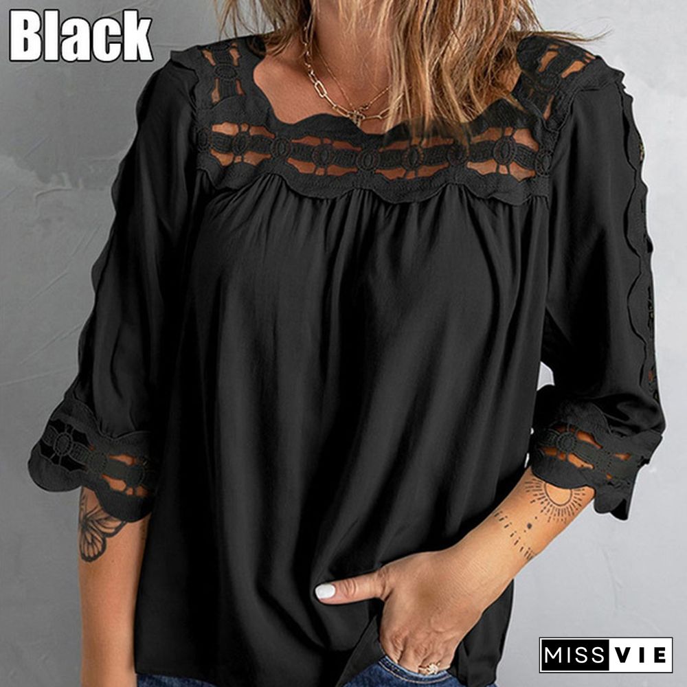 Spring and Summer Women's Stitching Lace Loose Top Casual Mid-sleeve T-shirt