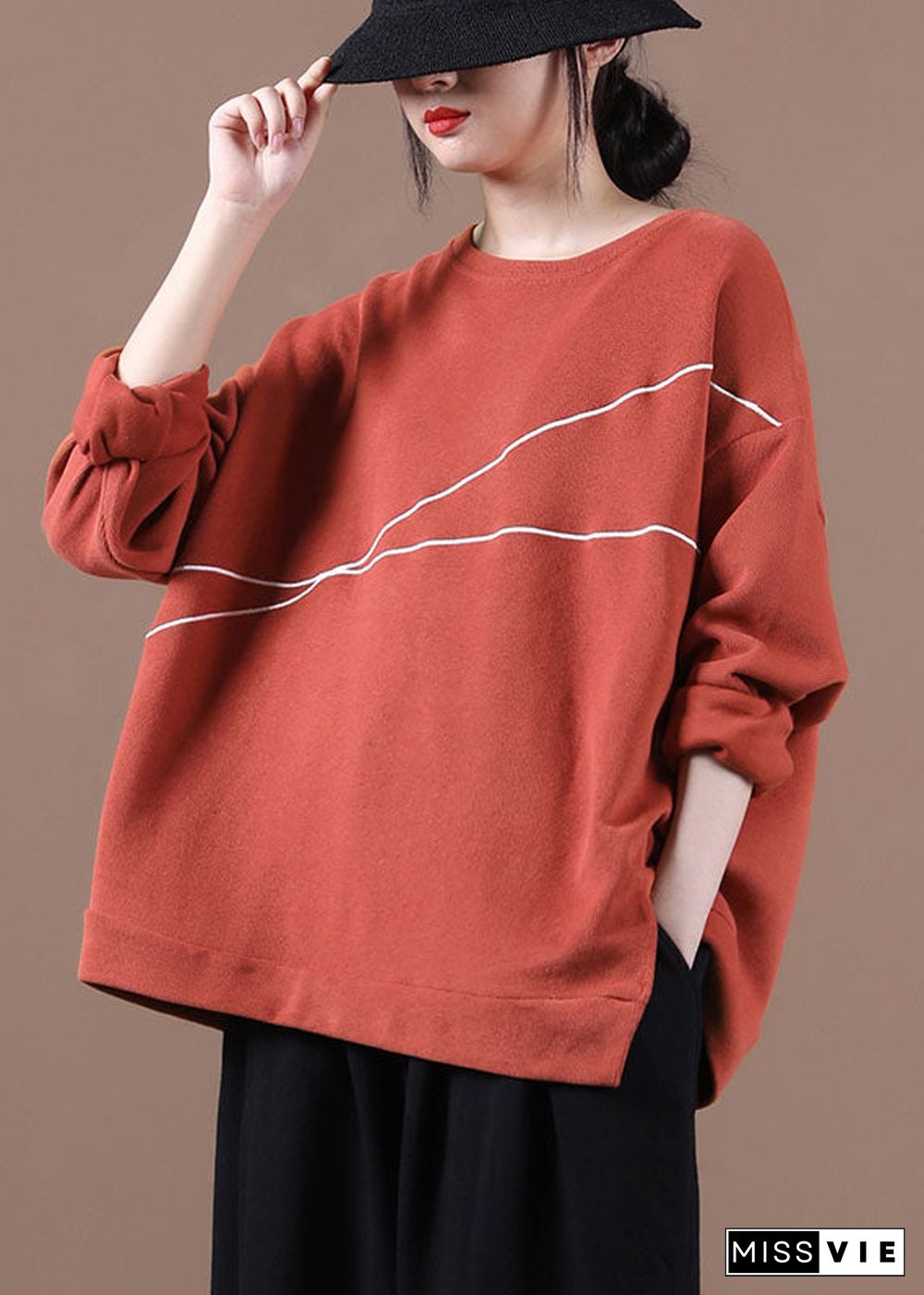 Elegant Brick Red O-Neck Embroideried Loose Fall Sweatshirt