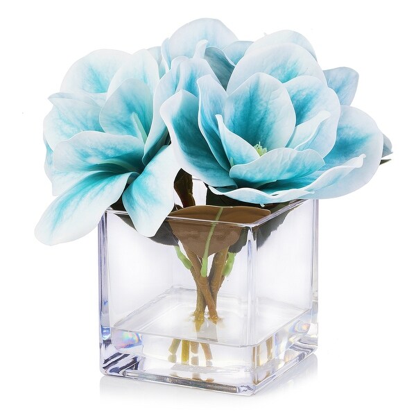 Enova Home Artificial Real Touch Magnolia Faux Flowers Arrangement in Cube Glass Vase with Faux Water Home Wedding Decoration