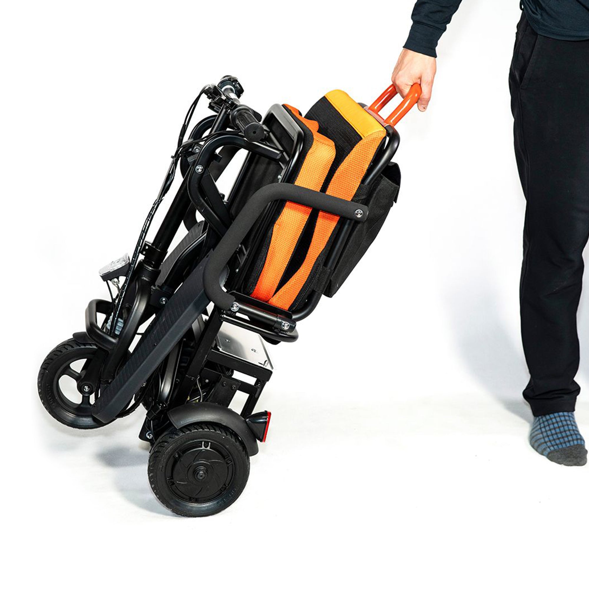 FeatherChair Ezfold Lightweight Electric Power Folding Scooter, Black and Orange