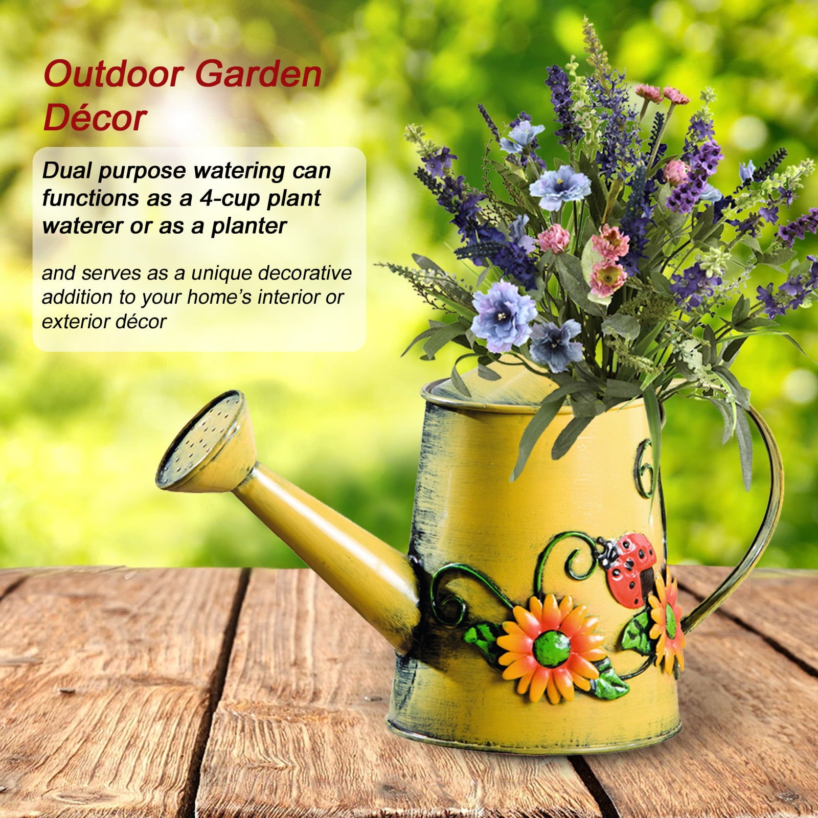 Westcharm Mother's Day Gift， Decorative Sunflower and Ladybug Metal Watering Can (Vol: 4 Cups)