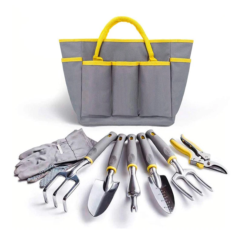 Garden tool set with Hoe Rake Trowel Transplanter Weeder Prune Sprayer Rope