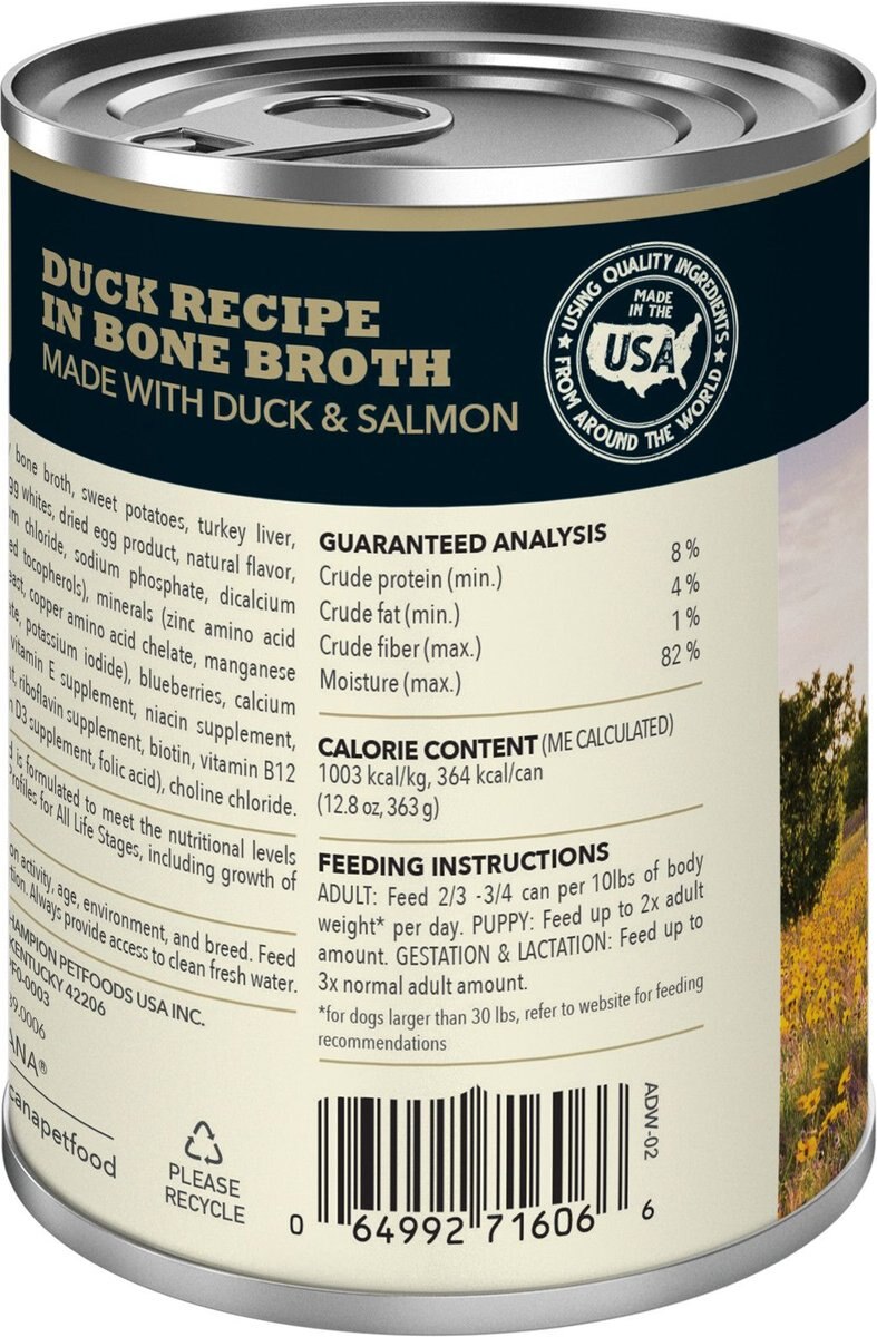 ACANA Premium Chunks Duck Recipe in Bone Broth Grain-Free Wet Dog Food， 12.8-oz can， case of 12