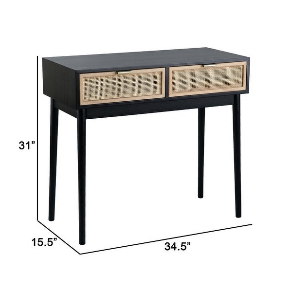 Ela 35 Inch 2 Drawer Wood Console Table， Woven Rattan Panels， Brown， Black