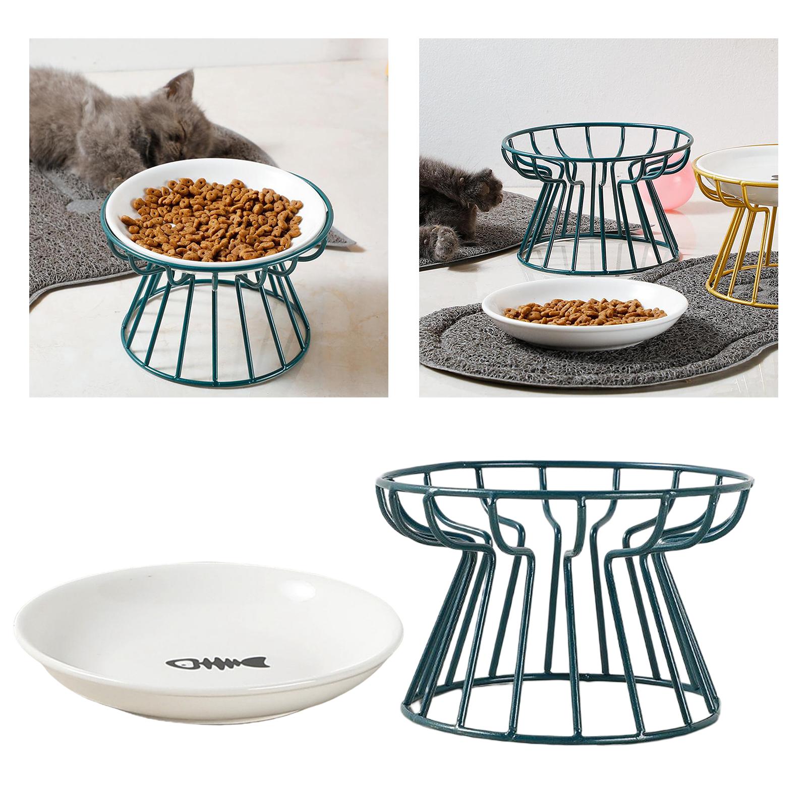 Ceramic Iron Holder Shelf Stand Pet Single Bowl Feeding Food Bowls for cat and dog - Green