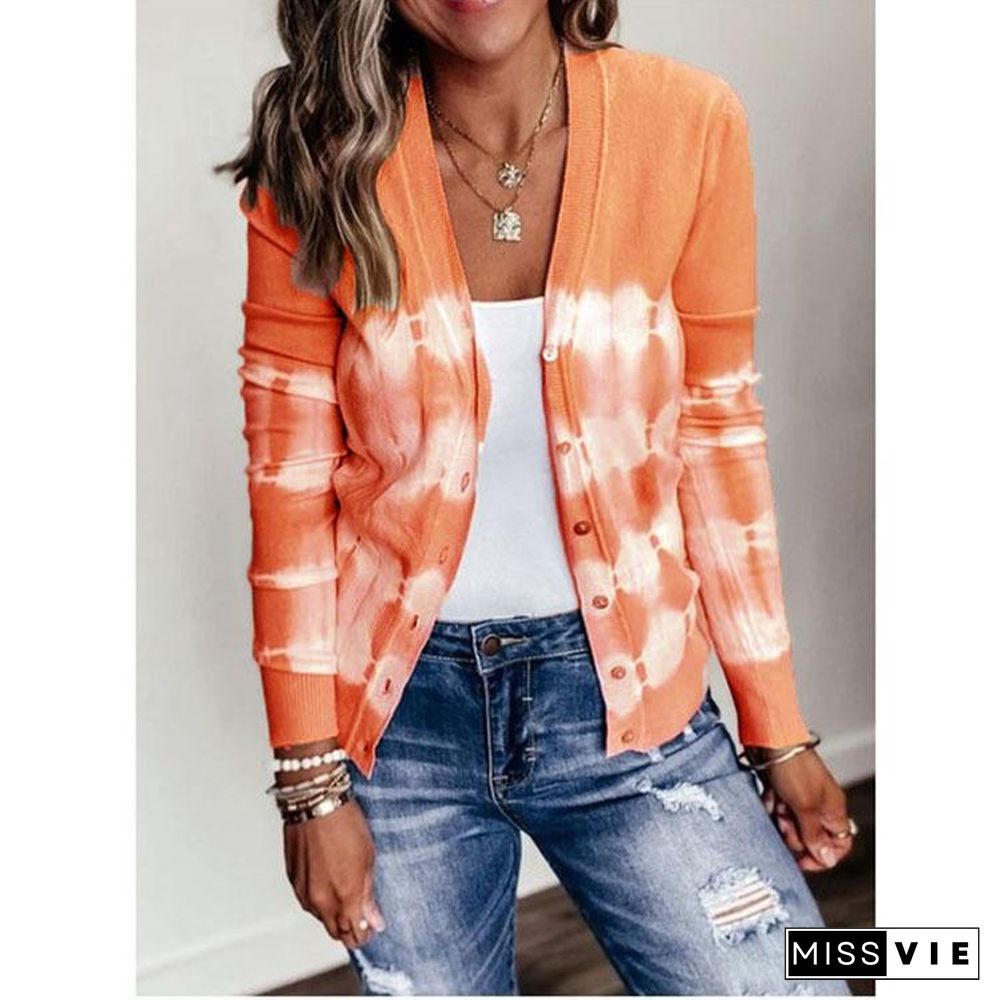 V Neck Tie-Dyed Printed Cardigan Top